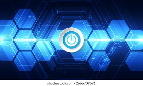 Fondo de tecnología azul moderno con un Botón de energía brillante central, que simboliza el inicio digital, la activación del sistema y las interfaces de control futuristas en un entorno de red inteligente.
