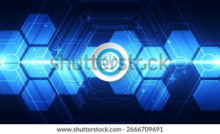 Modern blue technology background with a central glowing power button, symbolizing digital startup, system activation, and futuristic control interfaces in a smart network environment.