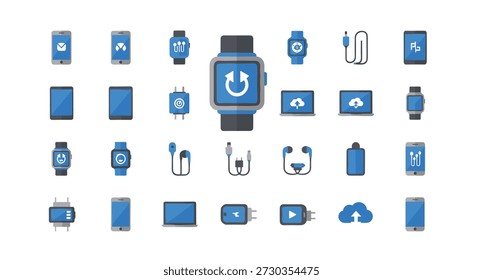 Modern blue technology icons set for digital devices and accessories