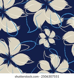 Modern blue textile design in vector of hand drawing patterns. Floral textile tropical bicolor flower and leaves miniprint andThe arrangements