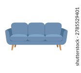 Modern blue three seater sofa flat vector illustration. Comfortable long couch isolated on white background for living room interior design