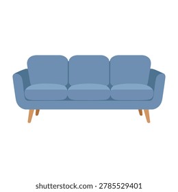 Modern blue three seater sofa flat vector illustration. Comfortable long couch isolated on white background for living room interior design