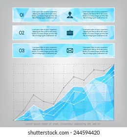 Modern blue triangular style Business Infographics with business statistics chart showing various visualization graphs. 