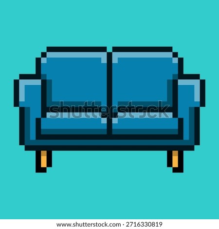 A modern blue two-seater sofa rendered in a clean 8-bit pixel art style. This cozy couch with wooden legs is perfect for retro game interiors, home decor apps and digital design elements