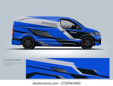 Modern blue van livery design with dynamic geometric stripes and racing style accents. Clean side view commercial vehicle wrap concept suitable for delivery, logistics, and urban transportation branding.