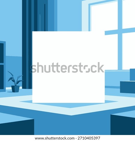 Modern blue vector room illustration with a prominent white display box, ideal for mockups or content to be isolated on white.