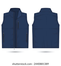 Modern blue vest mockup front and back view, vector illustration