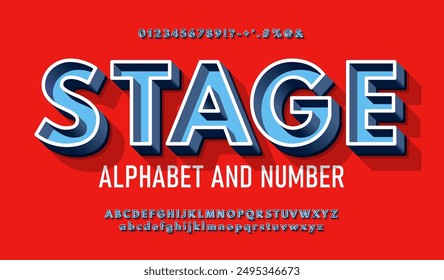 Modern blue volumetric 3d alphabet with a thin outline. Chic urban 3D font with signs, symbols and numbers.
