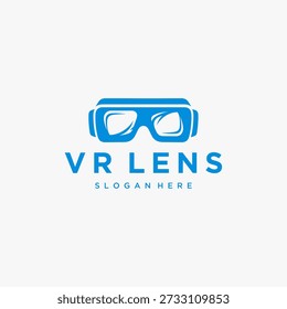 Modern blue VR headset logo design on a clean white background, representing virtual reality, augmented reality, and immersive digital experiences for gaming and technology.