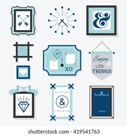 Modern blue wall decoration objects set for design - different design frames, message board, and hanging message papers