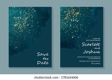 Modern blue watercolor luxury wedding invitation design or card templates for business or presentation or greeting with golden glitter on a turquoise background.