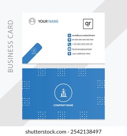 Modern blue and white business card design with icon and QR code, featuring placeholders for name, contact info, and company logo on the back.