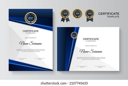 Modern blue and white diploma certificate template design. Blue and gold certificate of achievement border template with luxury gold badge and modern line pattern. For award, business, and education