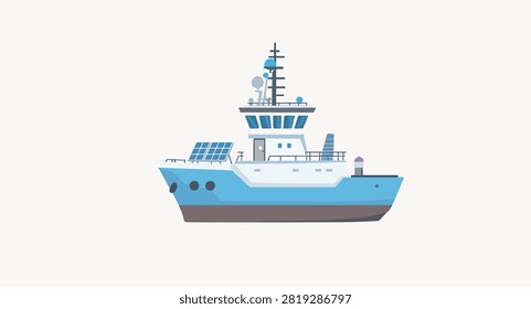 Modern blue and white ferry with observation deck lifeboats and safety equipment docked