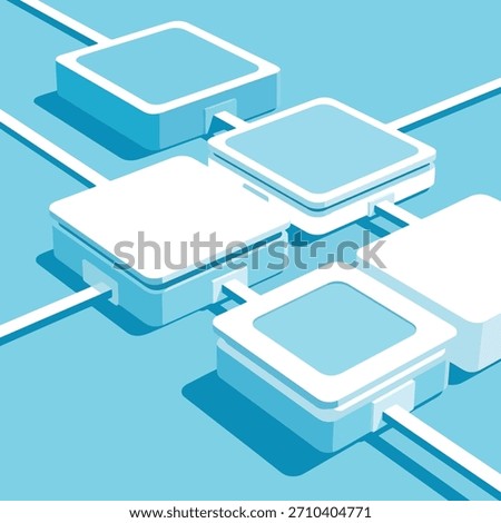 Modern blue and white isometric network nodes vector illustration for technology and data flow concepts. Isolated on white background.
