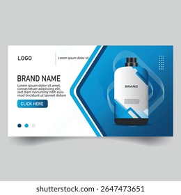 Modern blue and white web banner template featuring a product bottle and space for brand details and a logo.