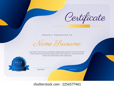 Modern blue and yellow orange certificate of achievement award template with badge and border for business and corporate