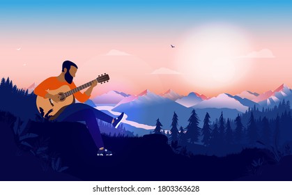 Modern blues music player with guitar outdoors. Man sitting with acoustic instrument in wilderness playing bluegrass, blues and jazz. Vector illustration.