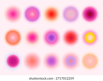 Fondo de Formas de círculo de degradado borroso moderno establecido en colores rosa vibrante, púrpura, naranja, amarillo para póster romántico, cubierta, Plantillas de Anuncio con efecto de brillo suave.