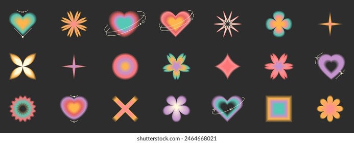 Modern blurred gradient elements. Heart, daisy, star, flower in trendy retro y2k style. Vector illustration