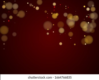 Modern blurry bokeh lights holiday decoration. Luxury gold glitter confetti, yellow golden shiny explosion. Blurred bokeh lights flare effect circle particles flying card backdrop.