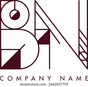 Logo BN moderno con un monograma dentro de un marco circular en estilo minimalista, ideal para la marca. El diseño muestra Formas abstractas con líneas limpias que enfatizan la elegancia y el profesionalismo.