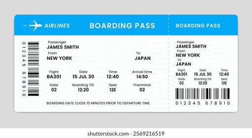 Modern Boarding Pass Design. International Airplane  Blue Ticket Template. Airline flight pass concept.