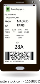 Modern boarding pass on smartphone screen. Vector illustration. Travel concept