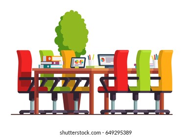 Modern boardroom interior design with big table, chairs and laptop computer. Conference hall or meeting room decoration & furniture. Flat style vector illustration isolated on white background.