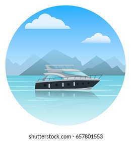 Modern boat and sea landscape with mountains and clouds. Vector