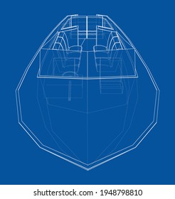 Modern boat with seats and protective glass. Vector rendering of 3d. Wire-frame style