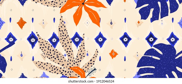 Modern bohemian abstract tropical illustration print. Creative collage contemporary seamless pattern. Fashionable template for design. Modern style. 