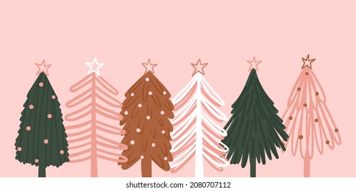 Moderne böhmische Weihnachtsbaumsammlung einzeln auf rosafarbenem Hintergrund. Gesunde und unregelmäßige Bäume. Handgezeichnete, doodle-artige Vektorgrafik für Karten, Geschenke, Banner usw.