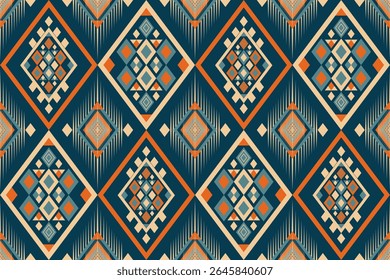 Modern Bohemian Ikat Print with Geometric Motifs in Blue and Orange. Seamless Traditional Southeast Asian Tribal Textile Background. Abstract Diamond Shape Folk Art. Luxury Geometric Ethnic Pattern.