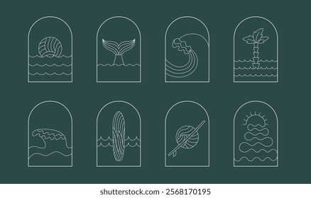 Modern bohemian linear surfing, ocean, sea badge, icon, design. Simple geometric surf camp, resort, stickers, textile template, design frame.