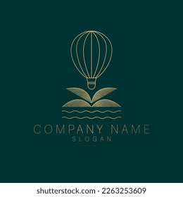 Modern bohemian logo design featuring an air balloon, waves, and palm, symbolizing luxury travel. A unique and abstract logotype perfect for upscale vacation, tourism, and adventure branding.