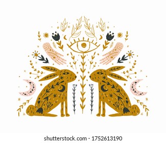 Modern bohemian style, folk tribal art in the Scandinavian style. Folk mythology, Swedish folklore. animals and plants.