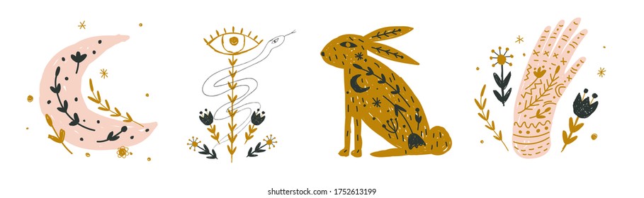 Modern bohemian style, folk tribal art in the Scandinavian style. Folk mythology, Swedish folklore. animals and plants.