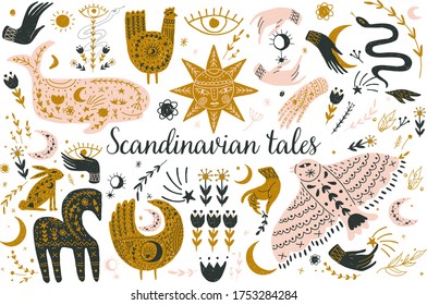 Modern bohemian style, folk tribal art in the Scandinavian style. Folk mythology, Swedish folklore. animals and plants.