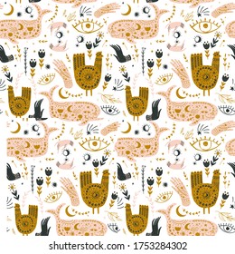 Modern bohemian style, folk tribal art in the Scandinavian style. Folk mythology, Swedish folklore. animals and plants.