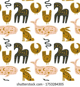 Modern bohemian style, folk tribal art in the Scandinavian style. Folk mythology, Swedish folklore. animals and plants.