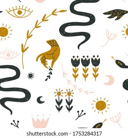 Modern bohemian style, folk tribal art in the Scandinavian style. Folk mythology, Swedish folklore. animals and plants.