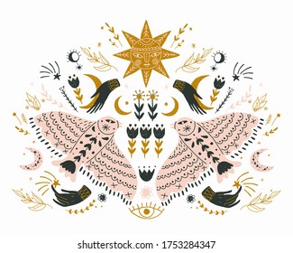 Modern bohemian style, folk tribal art in the Scandinavian style. Folk mythology, Swedish folklore. animals and plants.