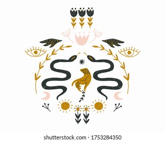 Modern bohemian style, folk tribal art in the Scandinavian style. Folk mythology, Swedish folklore. animals and plants.