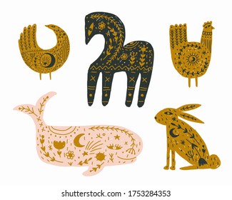 Modern bohemian style, folk tribal art in the Scandinavian style. Folk mythology, Swedish folklore. animals and plants.