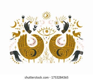 Modern bohemian style, folk tribal art in the Scandinavian style. Folk mythology, Swedish folklore. animals and plants.