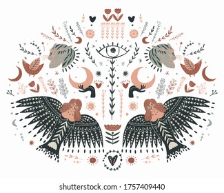 Modern bohemian style, folk tribal art in the Scandinavian style. Folk mythology, Swedish folklore. animals and plants.
