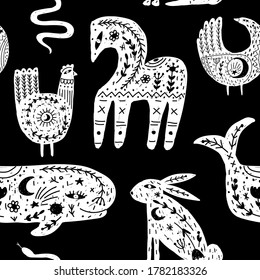 Modern bohemian style, folk tribal art in the Scandinavian style. Folk mythology, Swedish folklore. animals and plants.