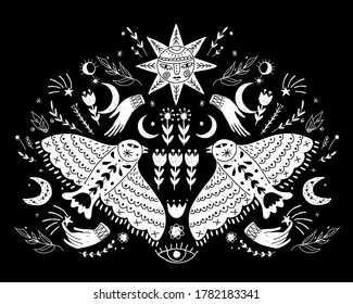 Modern bohemian style, folk tribal art in the Scandinavian style. Folk mythology, Swedish folklore. animals and plants.