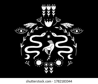 Modern bohemian style, folk tribal art in the Scandinavian style. Folk mythology, Swedish folklore. animals and plants.